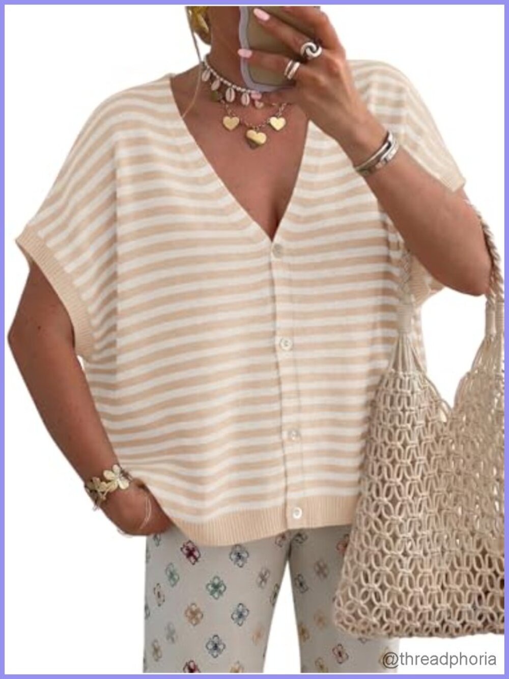 Oversized Women's Short Sleeve Cardigan Sweater V-Neck Button Down Striped Knit